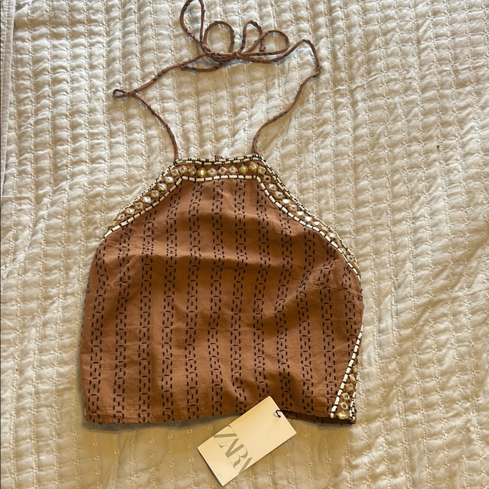 Zara Brown Beaded Halter Top